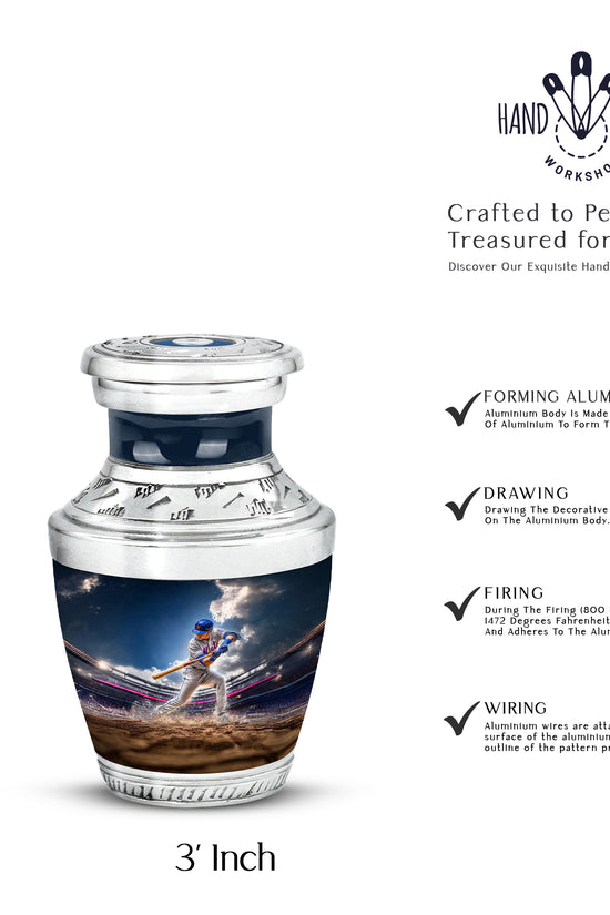 Calming Blue Baseball Cremation Urn top-down view of secure threaded lid - artistic baseball interpretation with creative detail - mini keepsake memorial for portion of cremation ashes