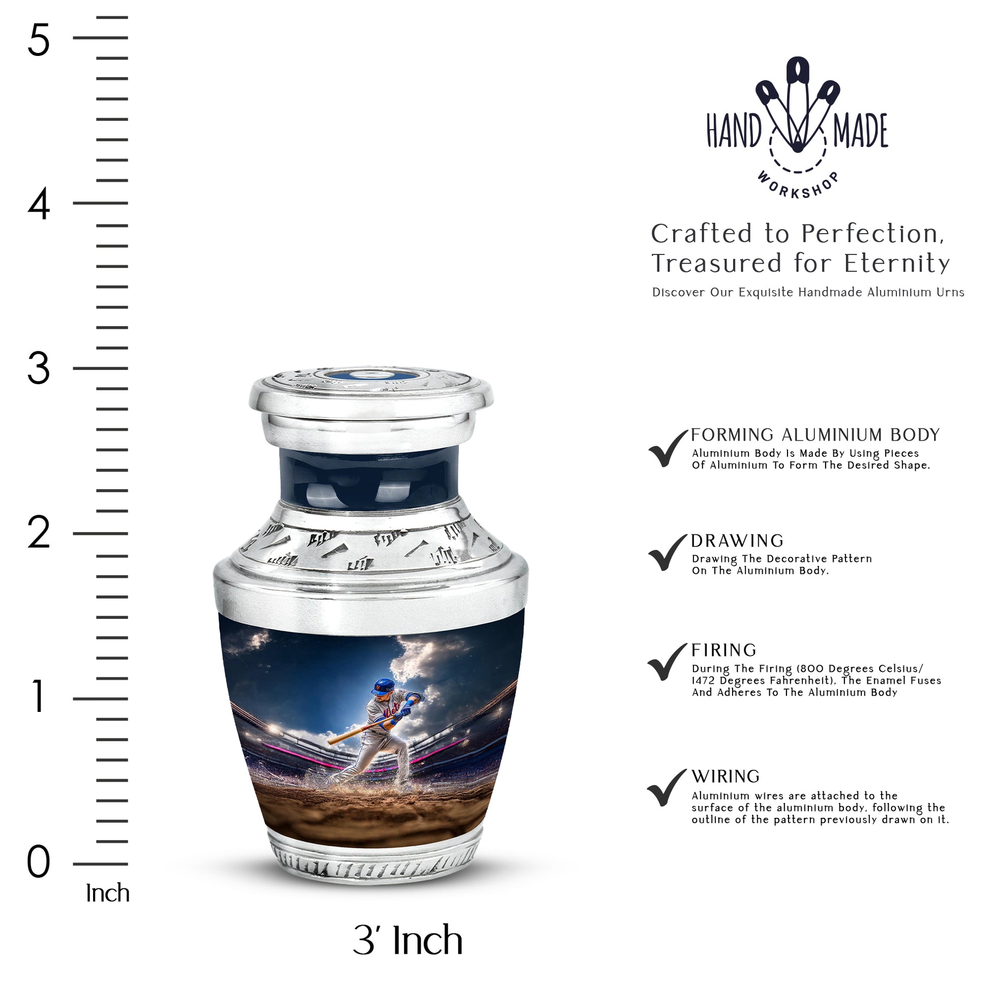 Calming Blue Baseball Cremation Urn top-down view of secure threaded lid - artistic baseball interpretation with creative detail - mini keepsake memorial for portion of cremation ashes