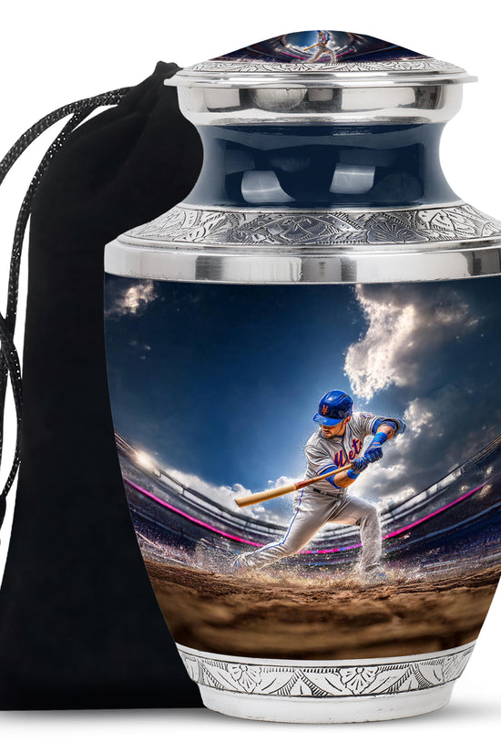 Misty Blue Baseball Cremation Urn side profile showing urn shape - modern art-inspired baseball motif on sleek aluminum - full-size 10 inch 200 cubic inch adult cremation urn