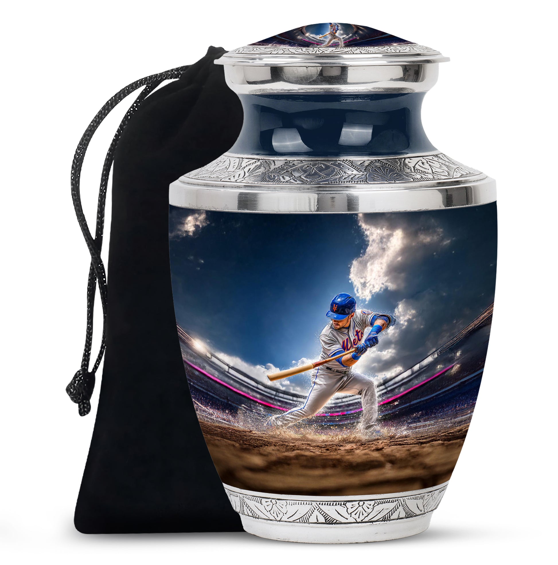 Misty Blue Baseball Cremation Urn side profile showing urn shape - modern art-inspired baseball motif on sleek aluminum - full-size 10 inch 200 cubic inch adult cremation urn