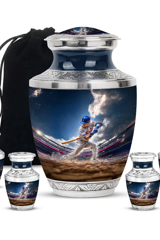 Serene Blue Baseball Cremation Urn lifestyle display on memorial shelf - stylized abstract baseball pattern with bold lines - memorial set with one large and four small urns