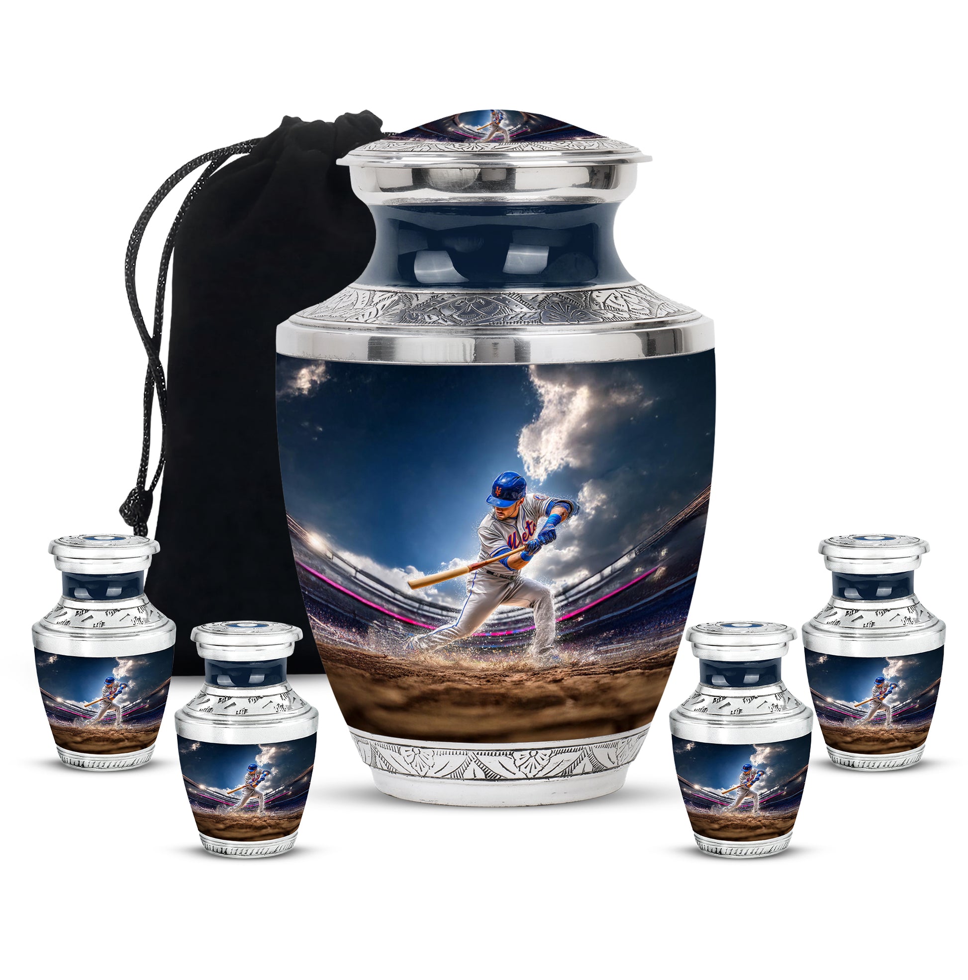 Serene Blue Baseball Cremation Urn lifestyle display on memorial shelf - stylized abstract baseball pattern with bold lines - memorial set with one large and four small urns
