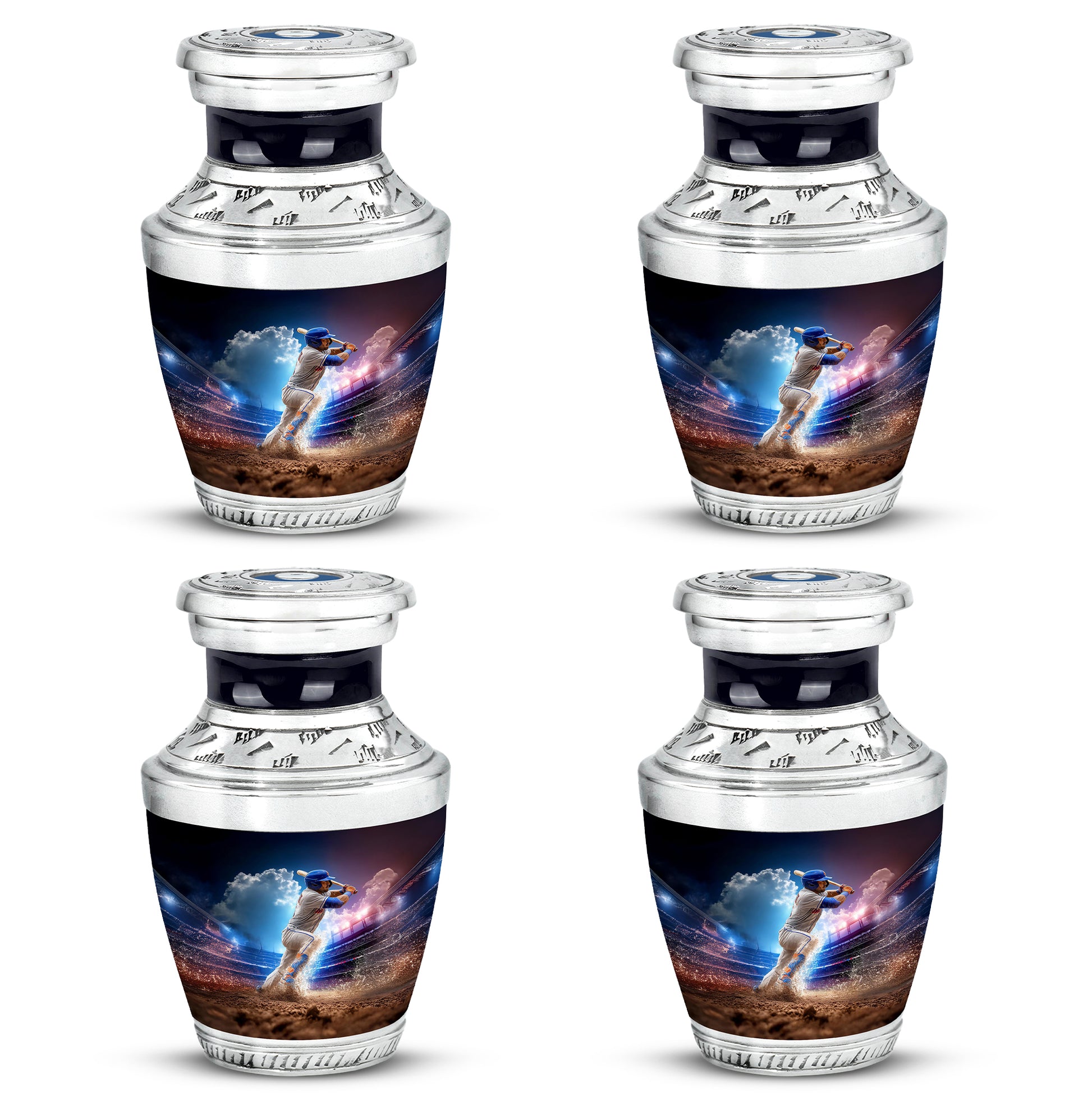 Pastel Blue Baseball Cremation Urn back view with polished surface - modern art-inspired baseball motif on sleek aluminum - 10 inch aluminum urn for cremated remains