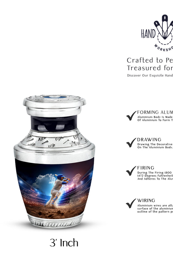 Cornflower Blue Baseball Cremation Urn top-down view of secure threaded lid - stylized abstract baseball pattern with bold lines - mini keepsake memorial for portion of cremation ashes