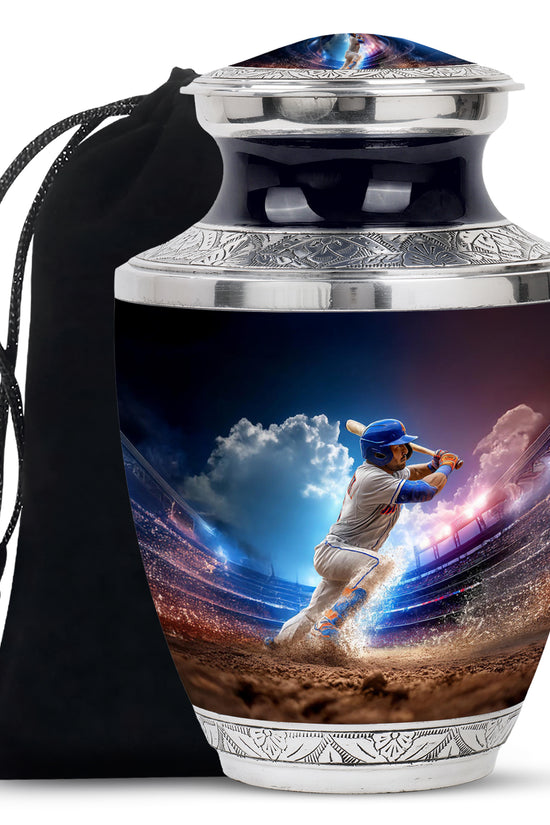 Serene Blue Baseball Cremation Urn side profile showing urn shape - artistic baseball interpretation with creative detail - full-size 10 inch 200 cubic inch adult cremation urn