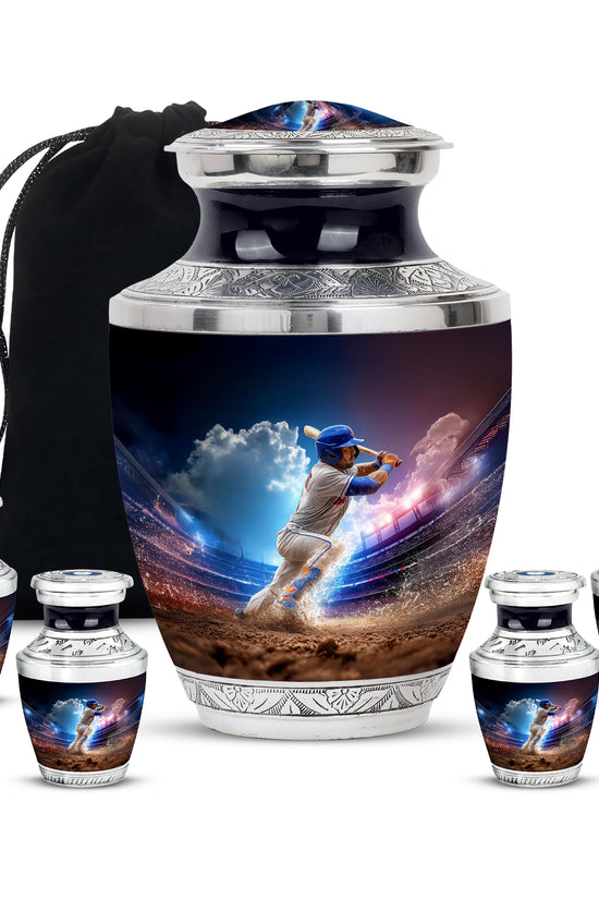 Cobalt Blue Baseball Cremation Urn lifestyle display on memorial shelf - stylized abstract baseball pattern with bold lines - memorial set with one large and four small urns