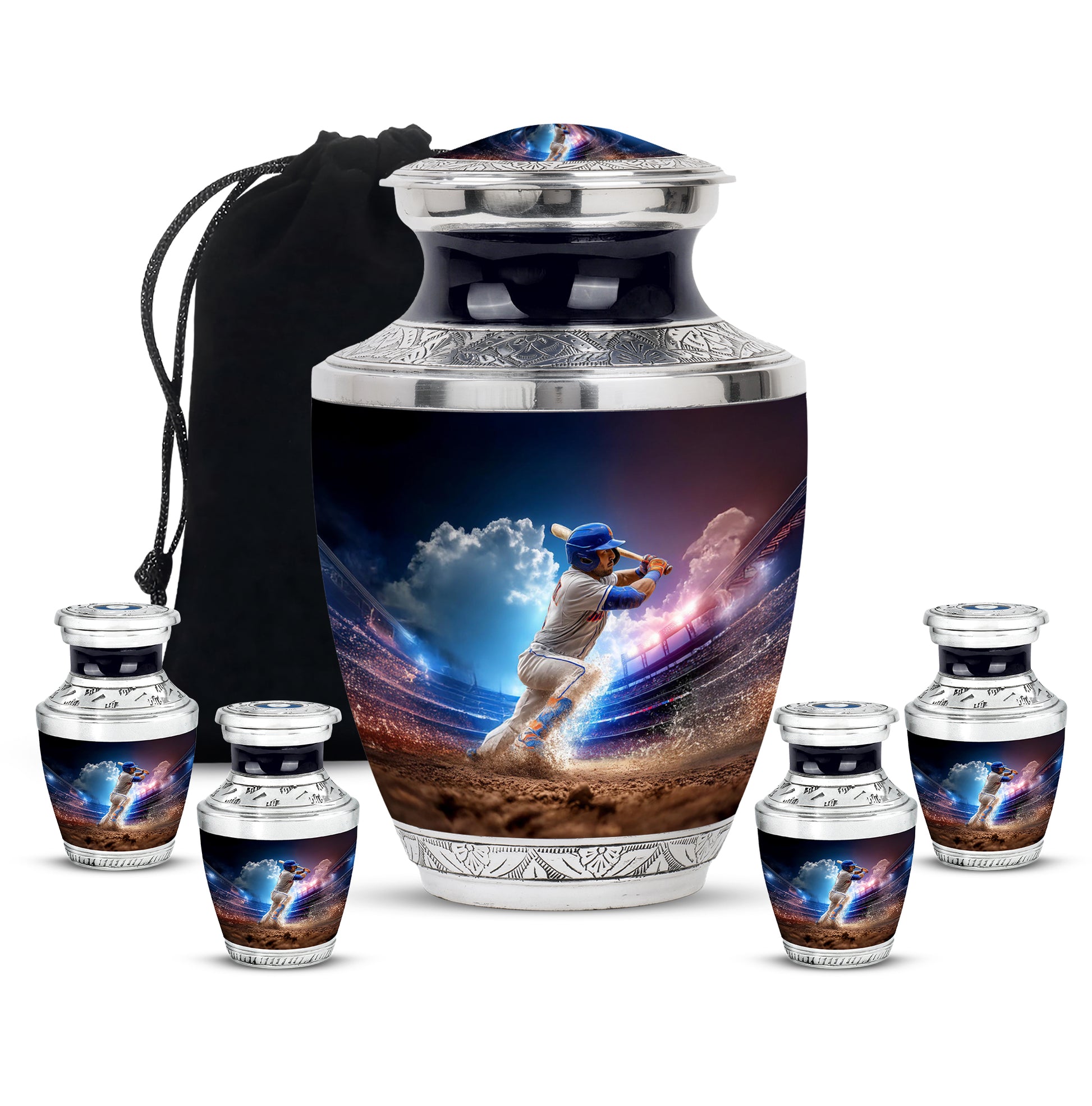 Cobalt Blue Baseball Cremation Urn lifestyle display on memorial shelf - stylized abstract baseball pattern with bold lines - memorial set with one large and four small urns