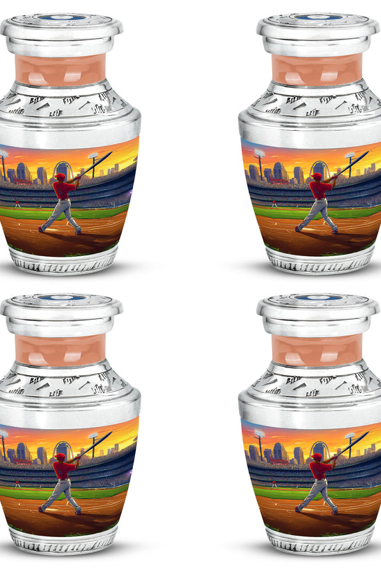 Burnished Gold Baseball Cremation Urn back view with polished surface - stylized abstract baseball pattern with bold lines - 10 inch aluminum urn for cremated remains