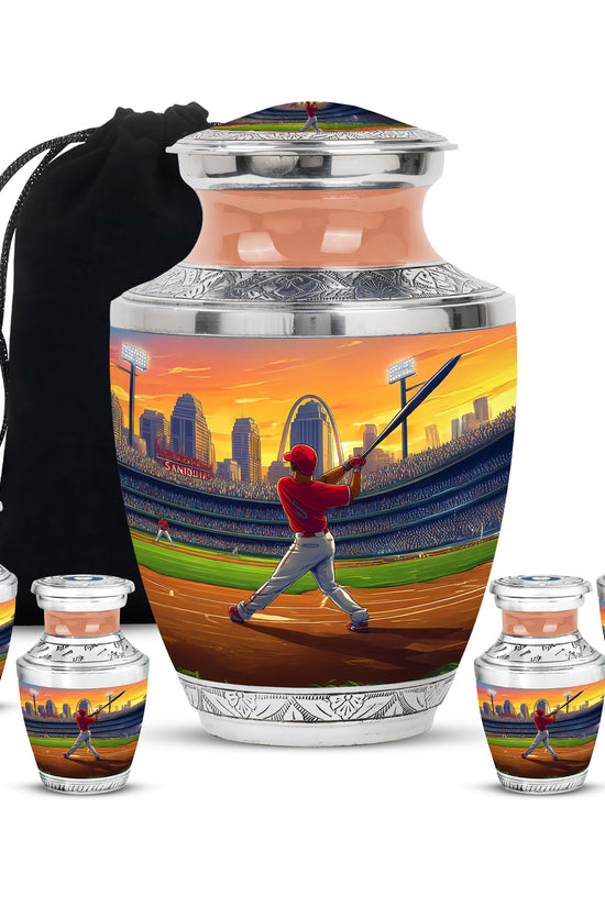 Gilded Gold Baseball Cremation Urn lifestyle display on memorial shelf - contemporary baseball design with modern artistic flair - memorial set with one large and four small urns