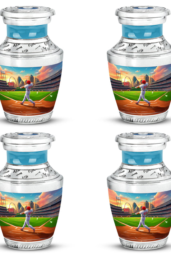 Pastel Blue Baseball Cremation Urn back view with polished surface - contemporary baseball design with modern artistic flair - 10 inch aluminum urn for cremated remains