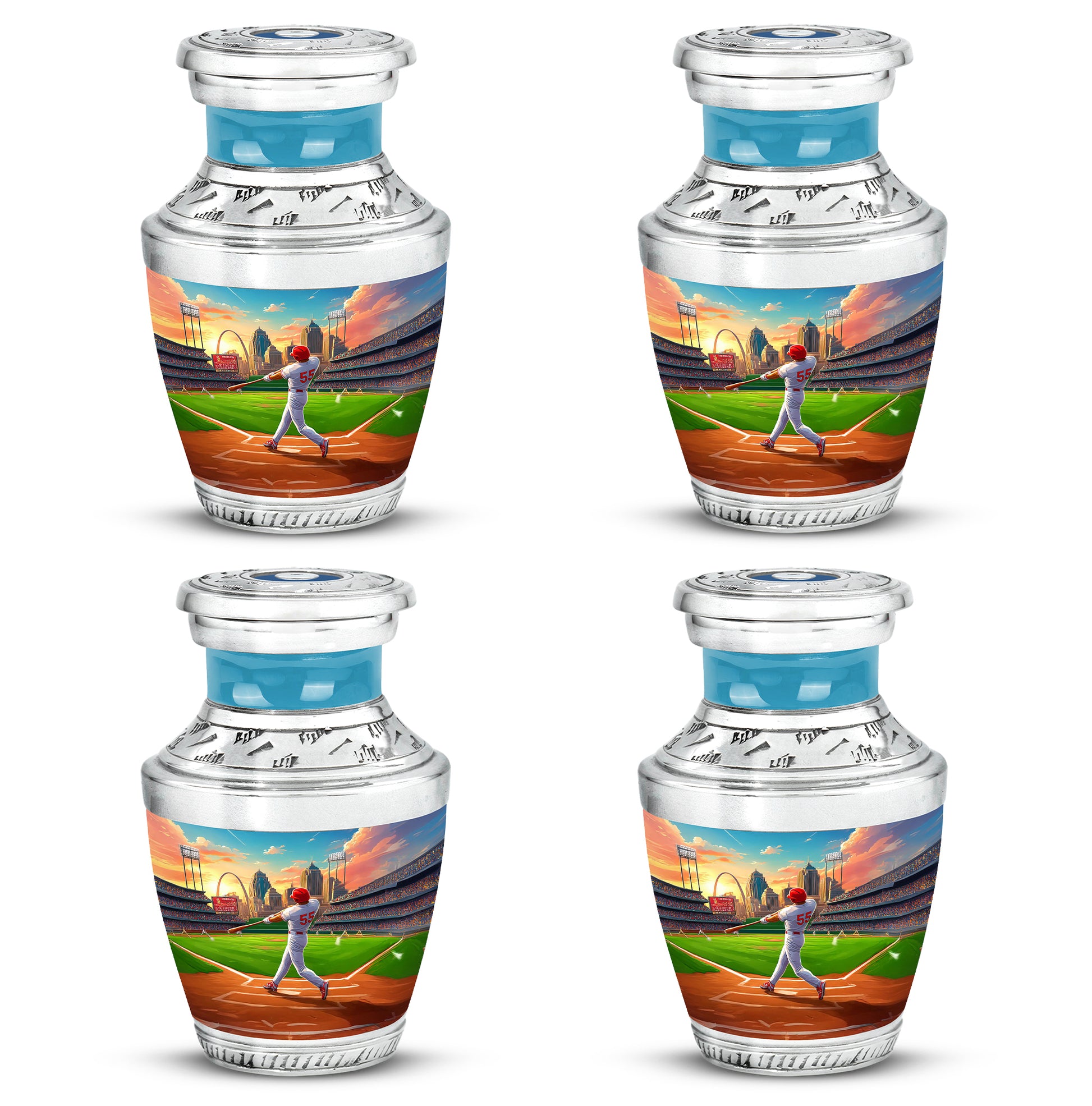 Pastel Blue Baseball Cremation Urn back view with polished surface - contemporary baseball design with modern artistic flair - 10 inch aluminum urn for cremated remains