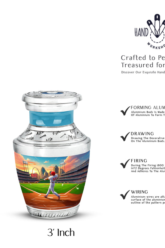 Dusty Blue Baseball Cremation Urn top-down view of secure threaded lid - modern art-inspired baseball motif on sleek aluminum - mini keepsake memorial for portion of cremation ashes