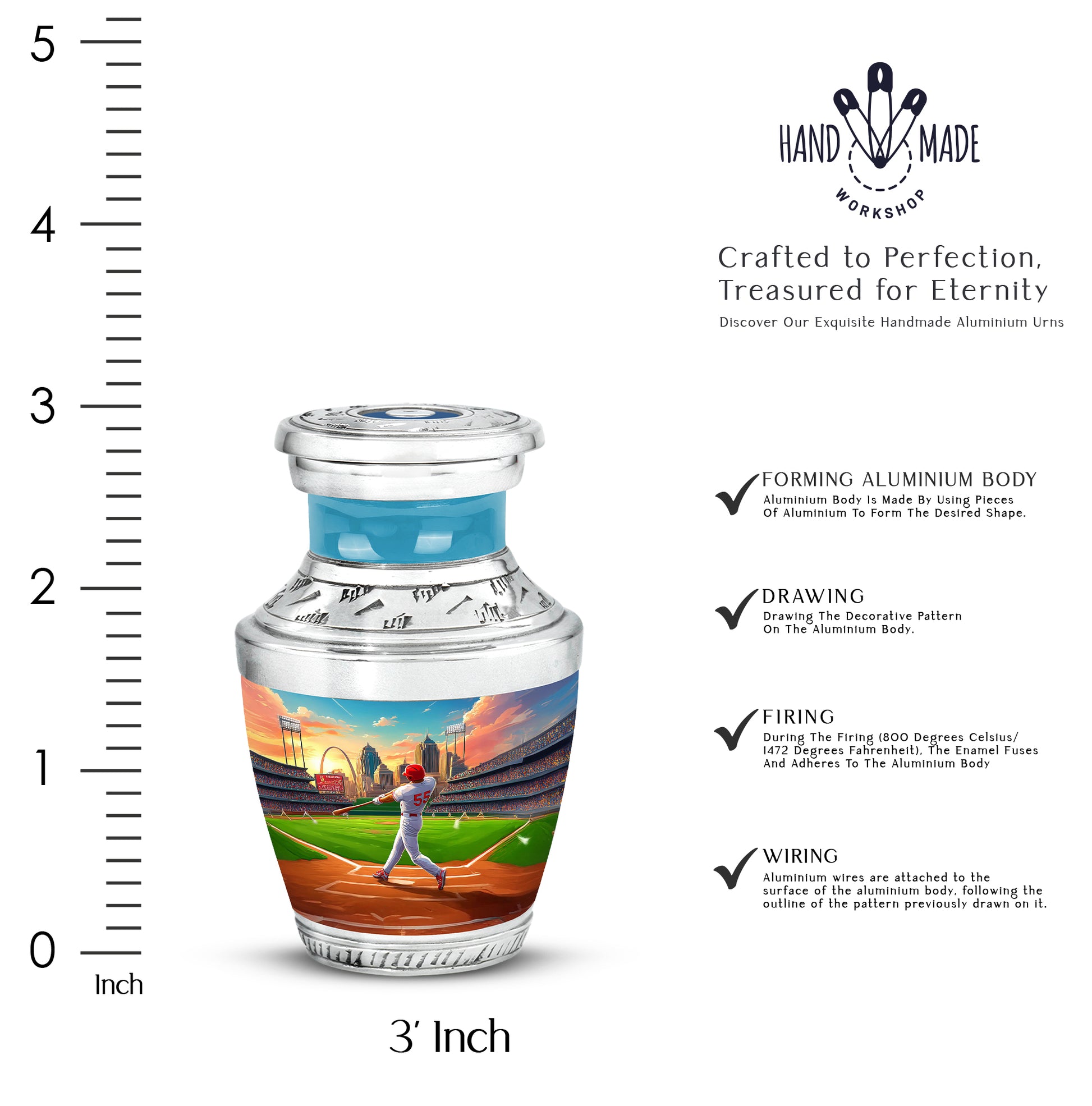 Dusty Blue Baseball Cremation Urn top-down view of secure threaded lid - modern art-inspired baseball motif on sleek aluminum - mini keepsake memorial for portion of cremation ashes