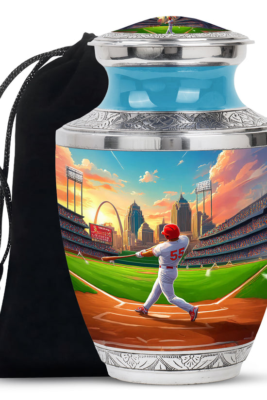 Serene Blue Baseball Cremation Urn side profile showing urn shape - artistic baseball interpretation with creative detail - full-size 10 inch 200 cubic inch adult cremation urn