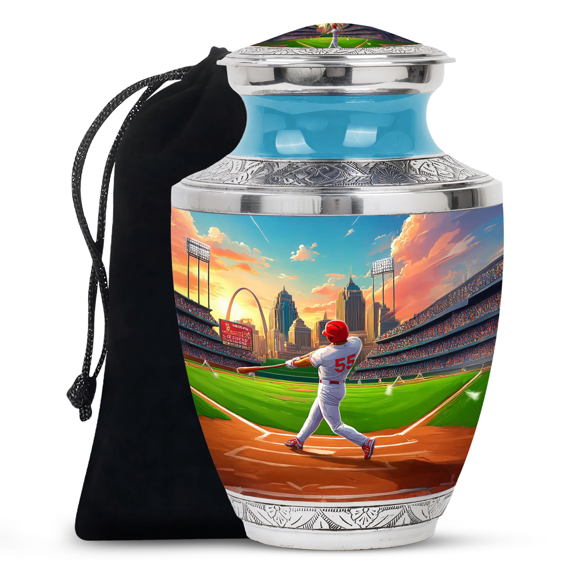 Serene Blue Baseball Cremation Urn side profile showing urn shape - artistic baseball interpretation with creative detail - full-size 10 inch 200 cubic inch adult cremation urn