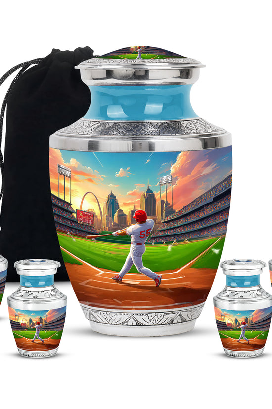 Twilight Blue Baseball Cremation Urn lifestyle display on memorial shelf - stylized abstract baseball pattern with bold lines - memorial set with one large and four small urns