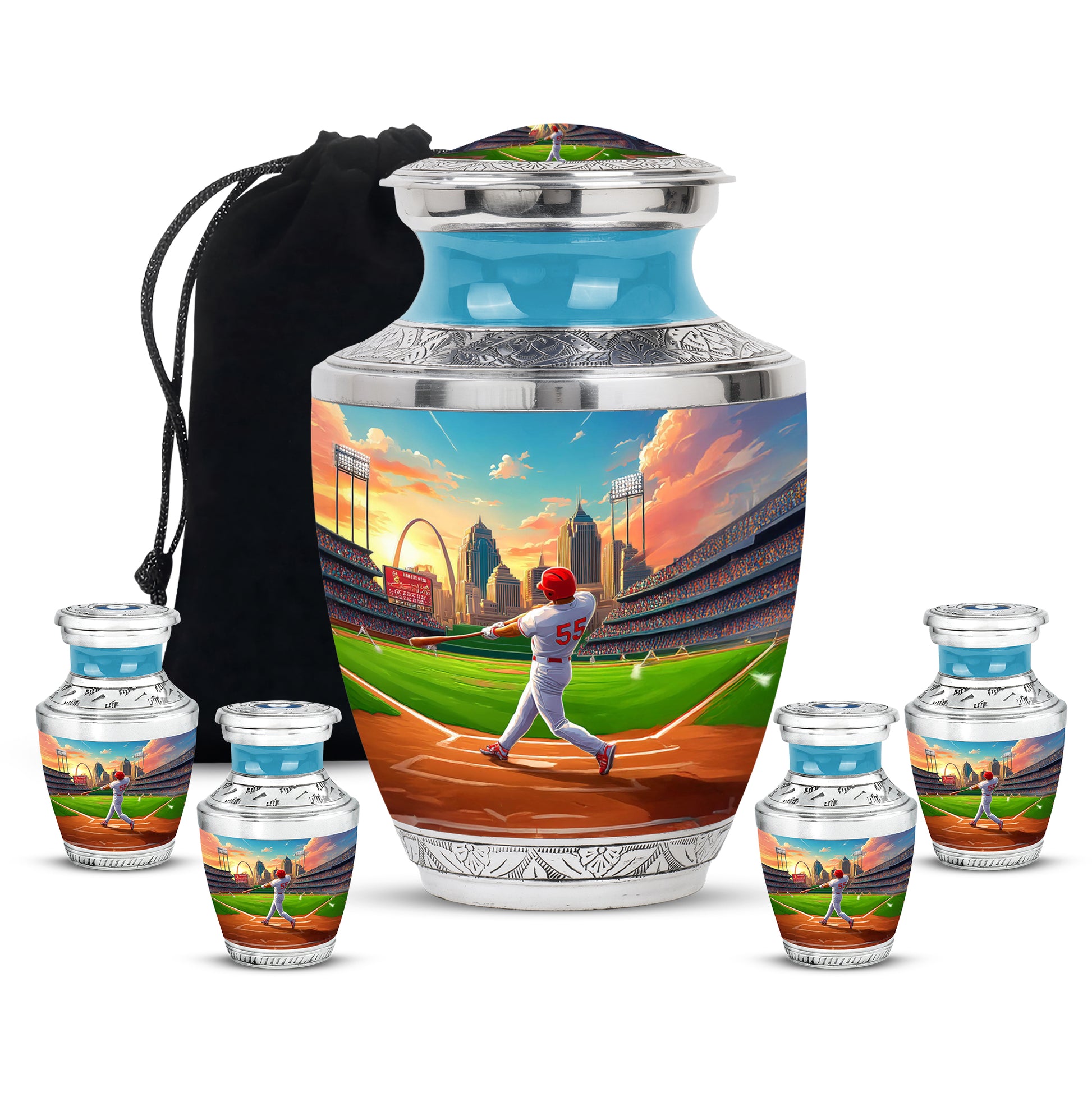 Twilight Blue Baseball Cremation Urn lifestyle display on memorial shelf - stylized abstract baseball pattern with bold lines - memorial set with one large and four small urns