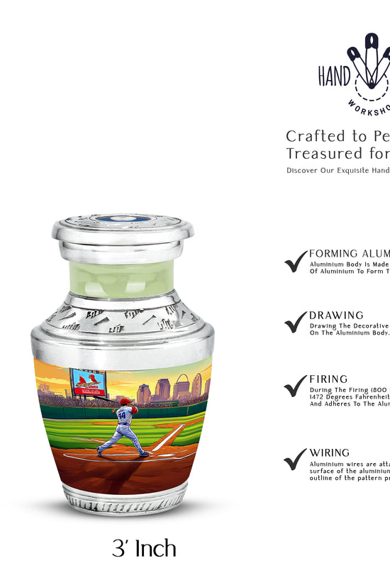 Pine Green Baseball Cremation Urn top-down view of secure threaded lid - stylized abstract baseball pattern with bold lines - mini keepsake memorial for portion of cremation ashes