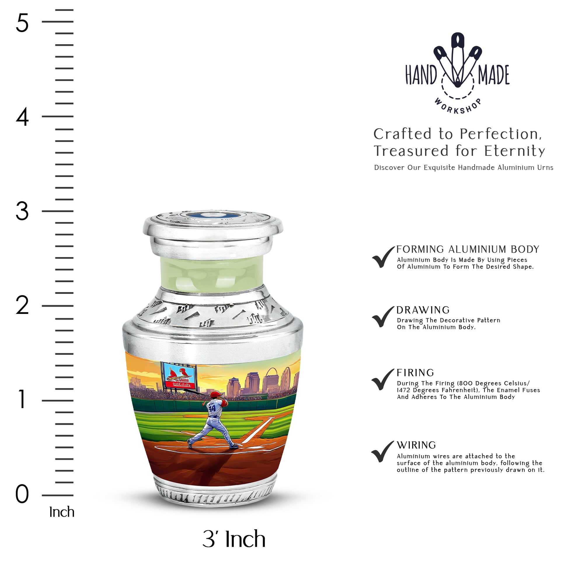 Pine Green Baseball Cremation Urn top-down view of secure threaded lid - stylized abstract baseball pattern with bold lines - mini keepsake memorial for portion of cremation ashes