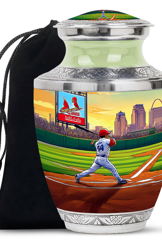Mint Green Baseball Cremation Urn side profile showing urn shape - stylized abstract baseball pattern with bold lines - full-size 10 inch 200 cubic inch adult cremation urn