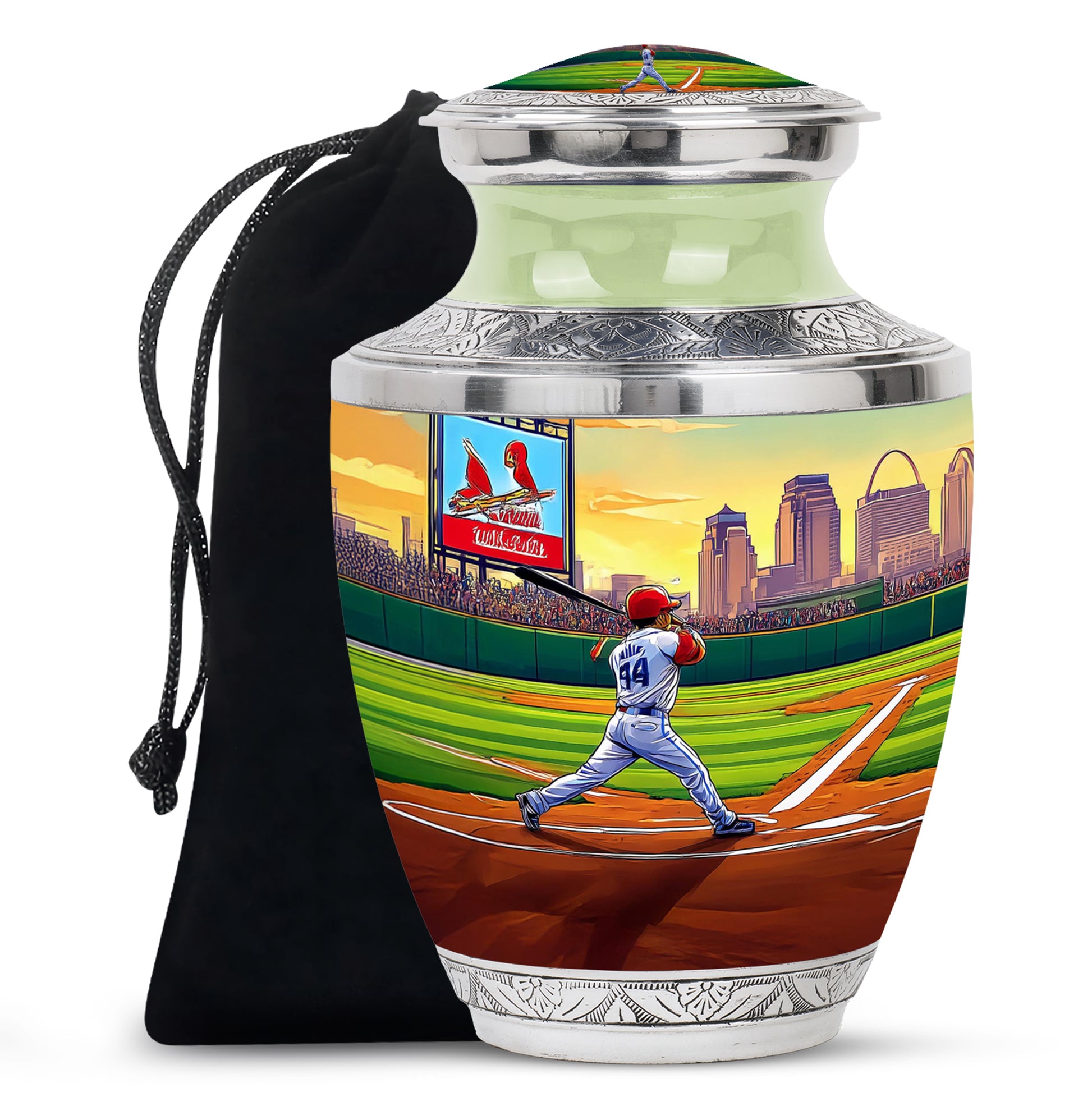 Mint Green Baseball Cremation Urn side profile showing urn shape - stylized abstract baseball pattern with bold lines - full-size 10 inch 200 cubic inch adult cremation urn