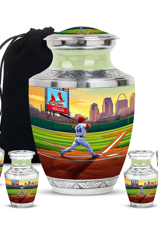 Moss Green Baseball Cremation Urn lifestyle display on memorial shelf - contemporary baseball design with modern artistic flair - memorial set with one large and four small urns