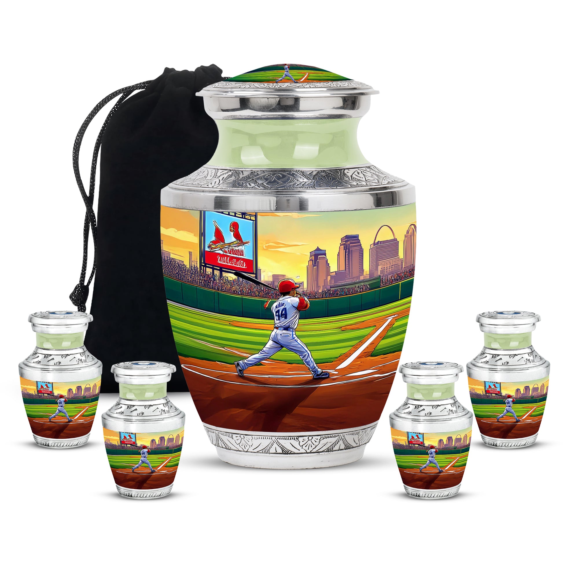 Moss Green Baseball Cremation Urn lifestyle display on memorial shelf - contemporary baseball design with modern artistic flair - memorial set with one large and four small urns