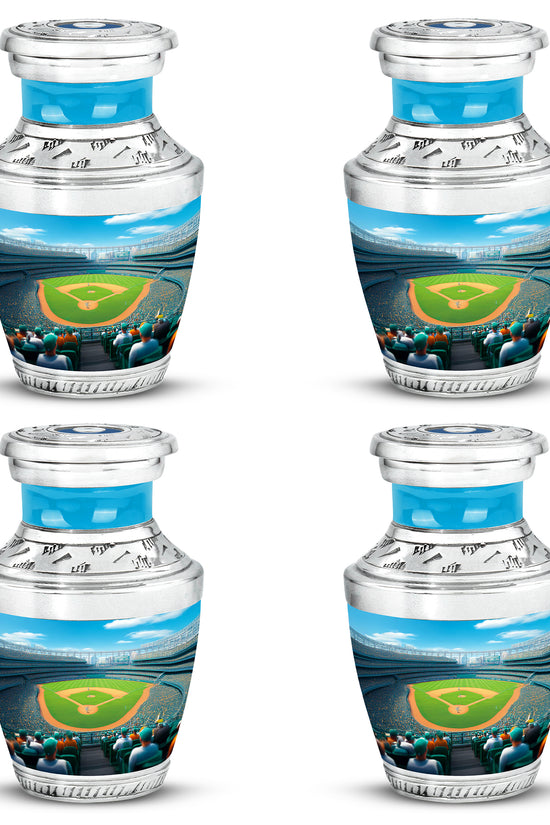 Steel Blue Baseball Cremation Urn back view with polished surface - artistic baseball interpretation with creative detail - 10 inch aluminum urn for cremated remains