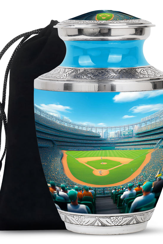 Twilight Blue Baseball Cremation Urn side profile showing urn shape - artistic baseball interpretation with creative detail - full-size 10 inch 200 cubic inch adult cremation urn
