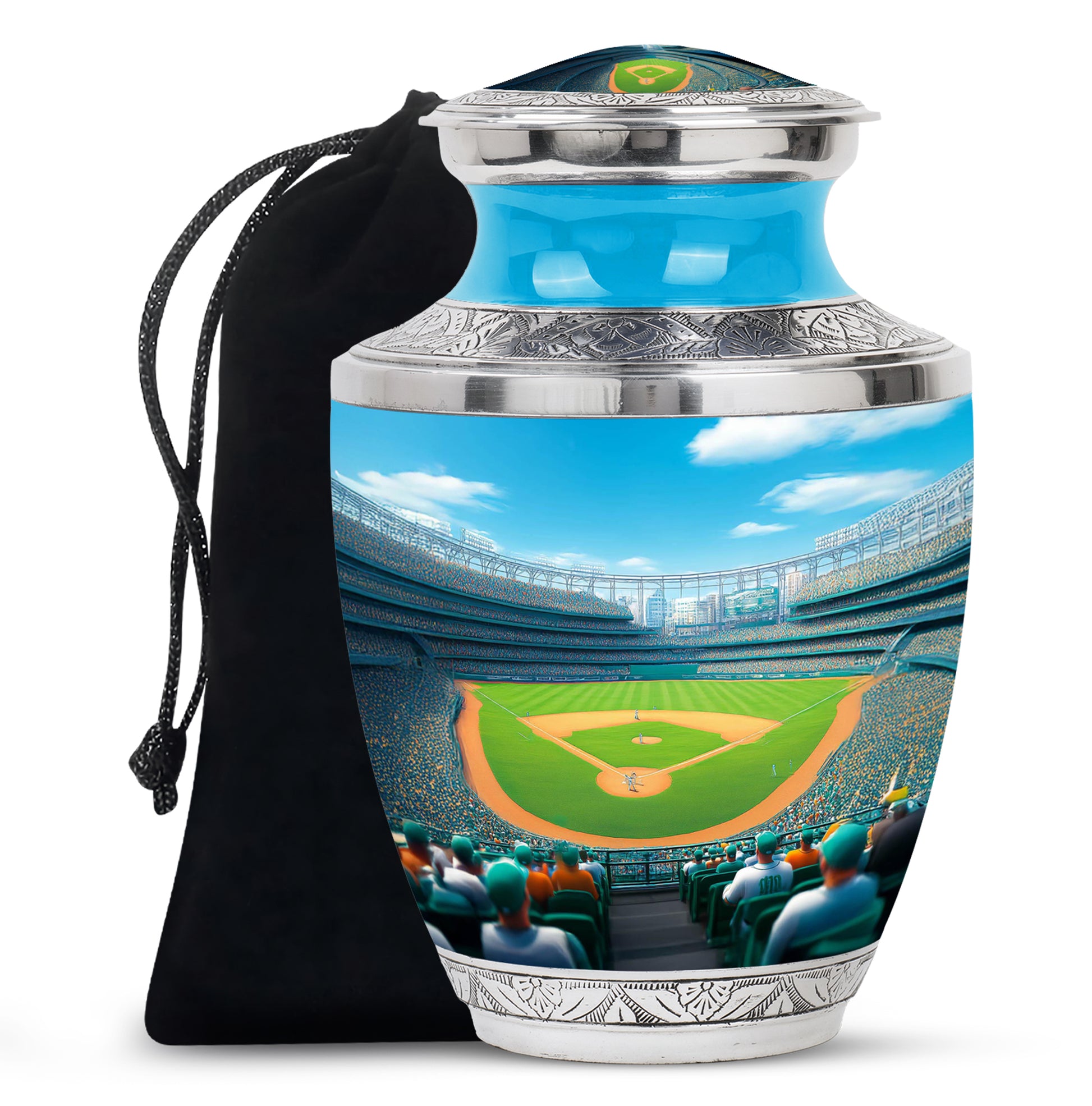 Twilight Blue Baseball Cremation Urn side profile showing urn shape - artistic baseball interpretation with creative detail - full-size 10 inch 200 cubic inch adult cremation urn