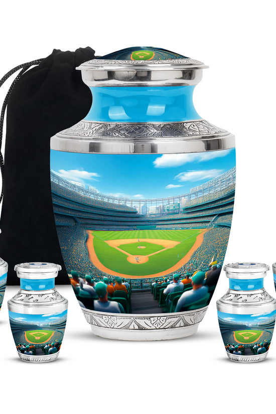 Vivid Blue Baseball Cremation Urn lifestyle display on memorial shelf - artistic baseball interpretation with creative detail - memorial set with one large and four small urns