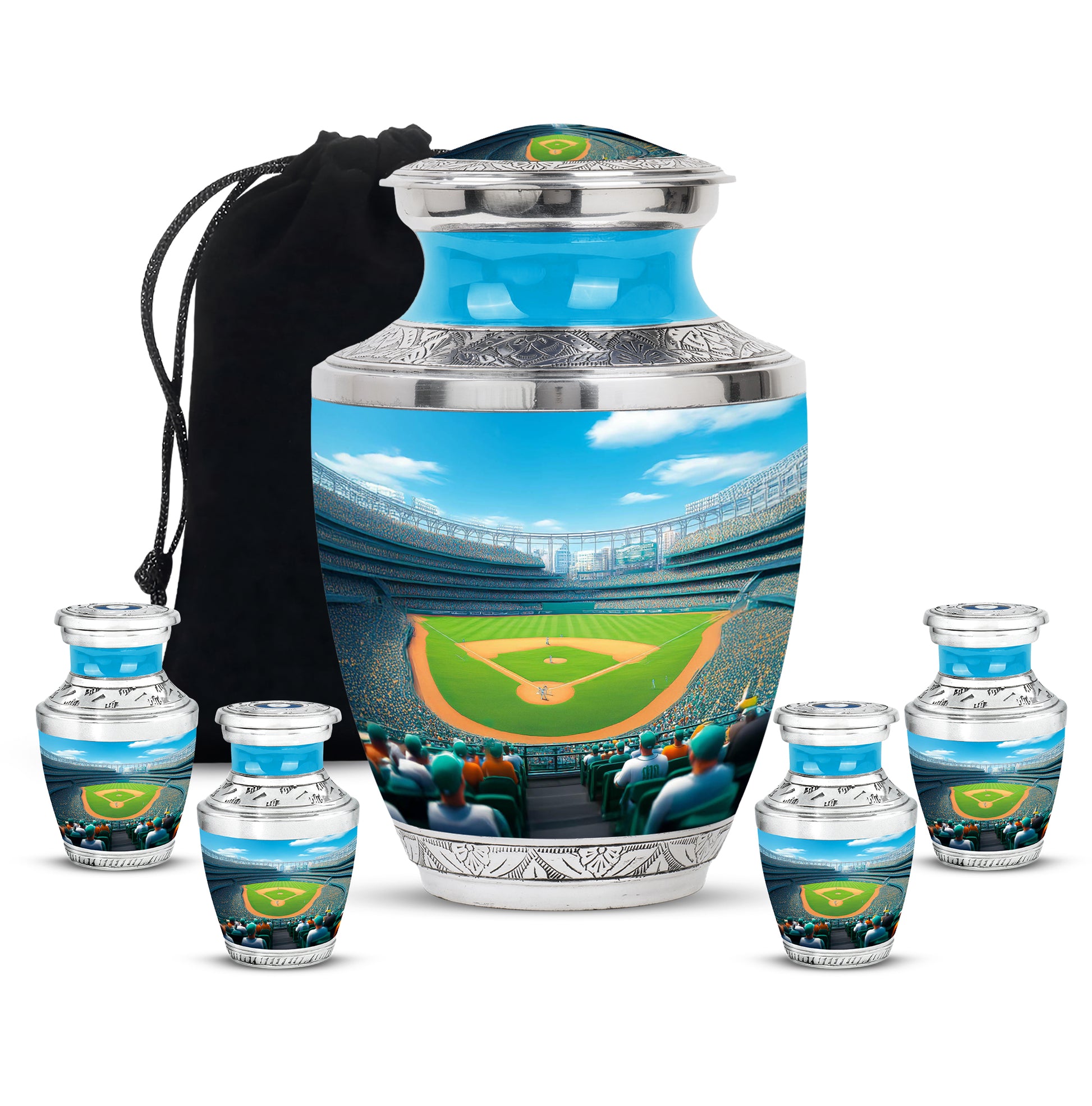 Vivid Blue Baseball Cremation Urn lifestyle display on memorial shelf - artistic baseball interpretation with creative detail - memorial set with one large and four small urns