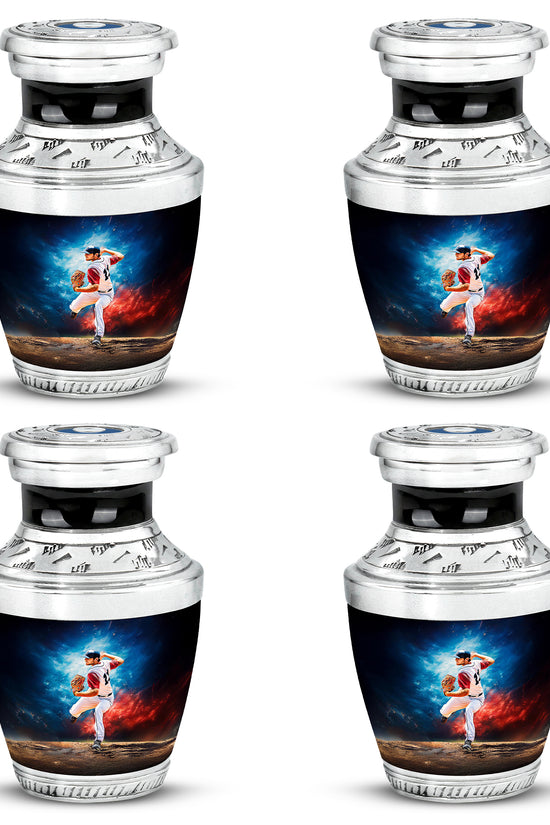 Navy Blue Baseball Cremation Urn back view with polished surface - modern art-inspired baseball motif on sleek aluminum - 10 inch aluminum urn for cremated remains
