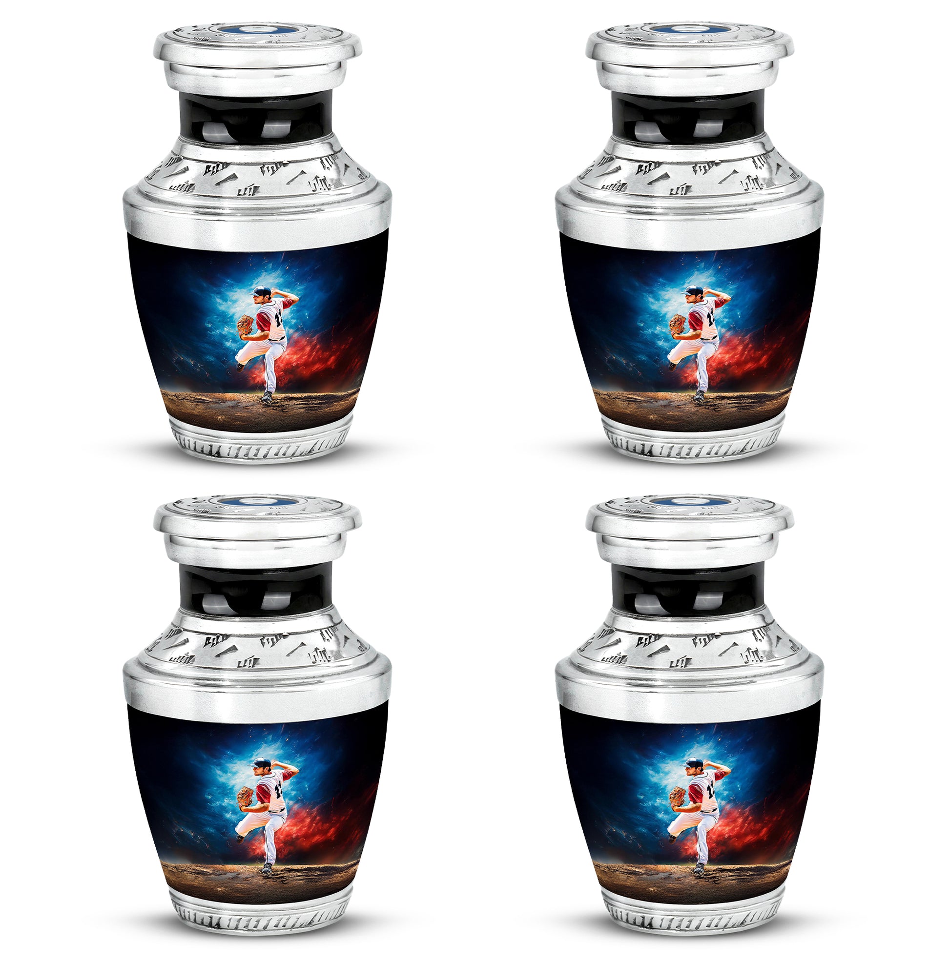Navy Blue Baseball Cremation Urn back view with polished surface - modern art-inspired baseball motif on sleek aluminum - 10 inch aluminum urn for cremated remains