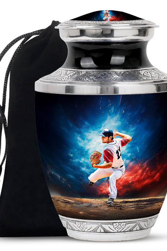 Calming Blue Baseball Cremation Urn side profile showing urn shape - stylized abstract baseball pattern with bold lines - full-size 10 inch 200 cubic inch adult cremation urn