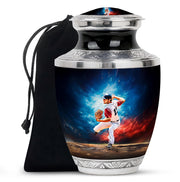 Calming Blue Baseball Cremation Urn side profile showing urn shape - stylized abstract baseball pattern with bold lines - full-size 10 inch 200 cubic inch adult cremation urn