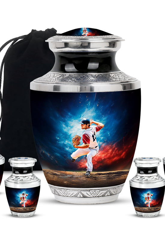 Misty Blue Baseball Cremation Urn lifestyle display on memorial shelf - contemporary baseball design with modern artistic flair - memorial set with one large and four small urns