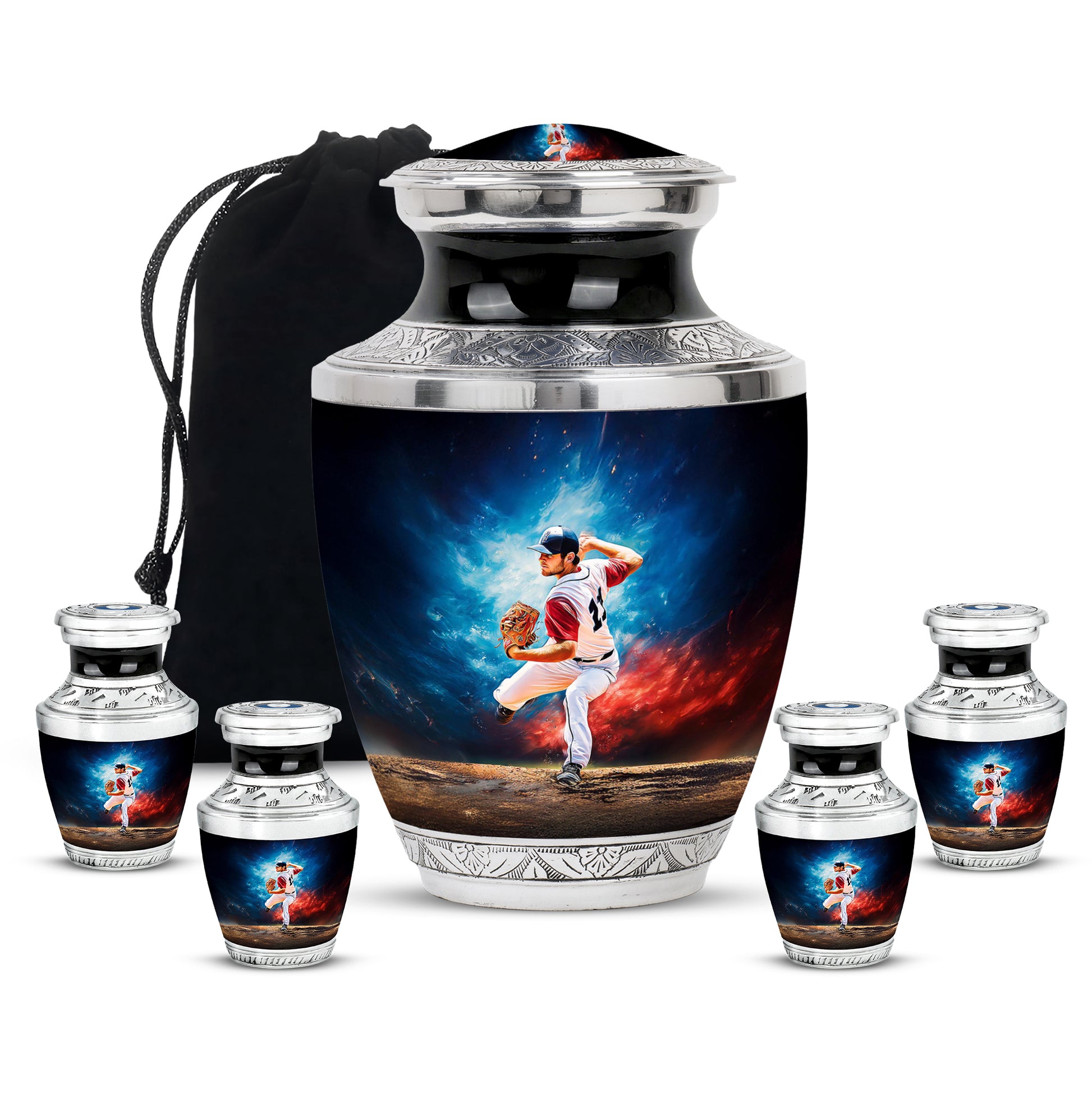 Misty Blue Baseball Cremation Urn lifestyle display on memorial shelf - contemporary baseball design with modern artistic flair - memorial set with one large and four small urns