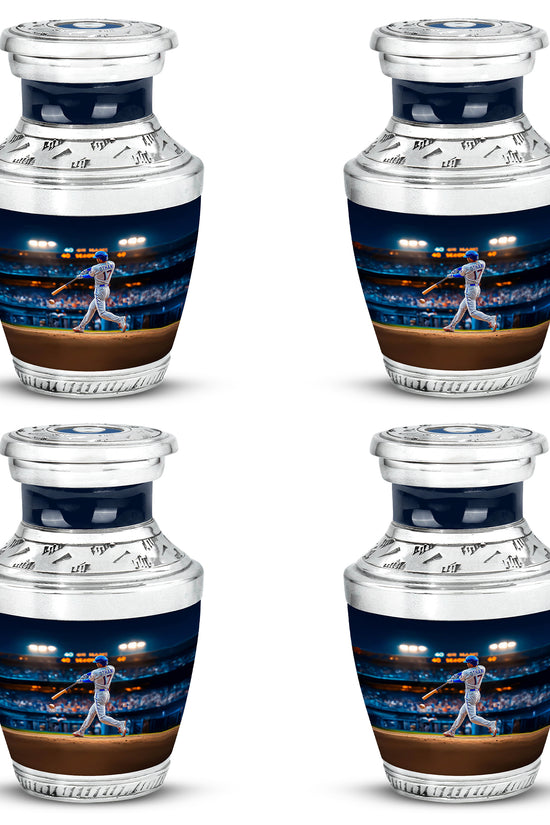 Navy Blue Baseball Cremation Urn back view with polished surface - modern art-inspired baseball motif on sleek aluminum - 10 inch aluminum urn for cremated remains