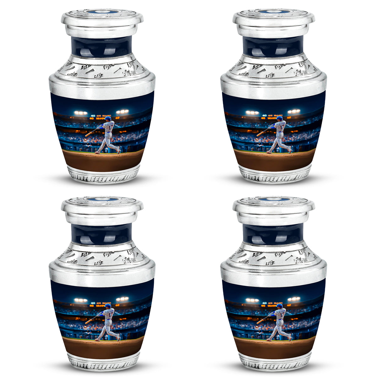Navy Blue Baseball Cremation Urn back view with polished surface - modern art-inspired baseball motif on sleek aluminum - 10 inch aluminum urn for cremated remains