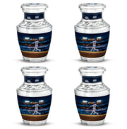Navy Blue Baseball Cremation Urn back view with polished surface - modern art-inspired baseball motif on sleek aluminum - 10 inch aluminum urn for cremated remains