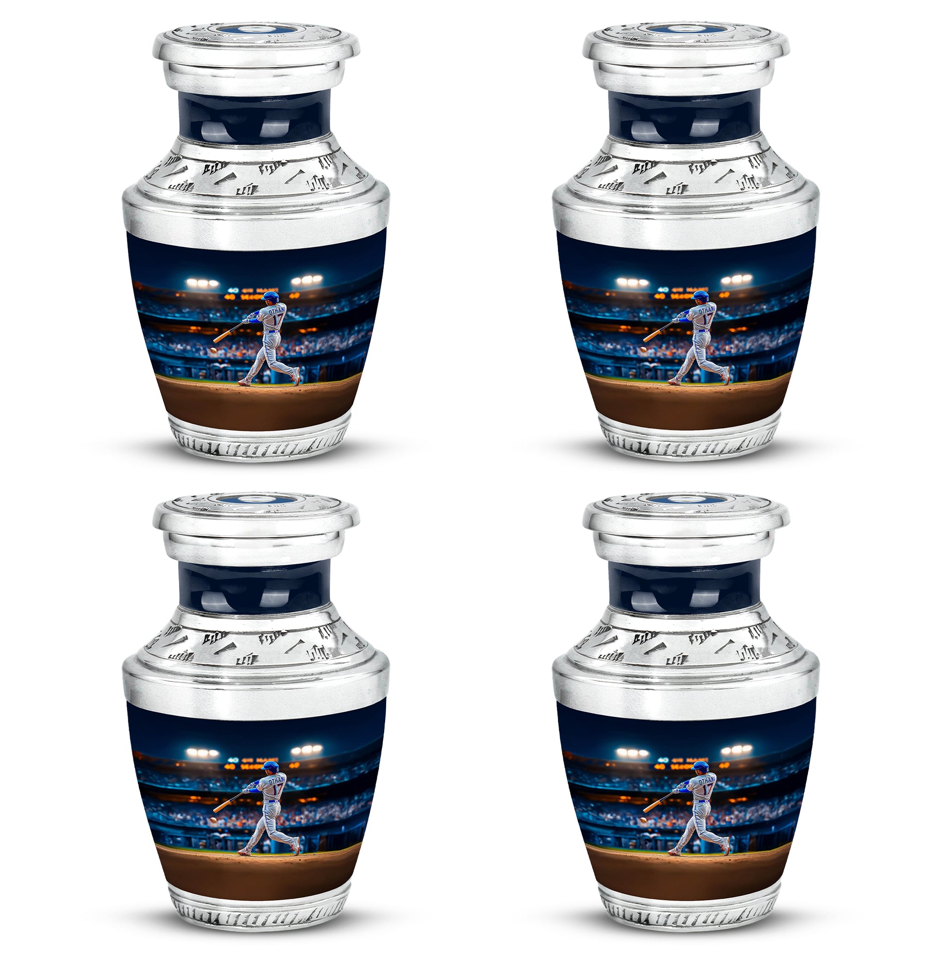 Navy Blue Baseball Cremation Urn back view with polished surface - modern art-inspired baseball motif on sleek aluminum - 10 inch aluminum urn for cremated remains
