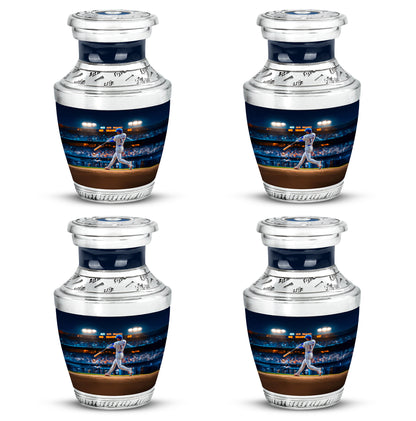 Navy Blue Baseball Cremation Urn back view with polished surface - modern art-inspired baseball motif on sleek aluminum - 10 inch aluminum urn for cremated remains