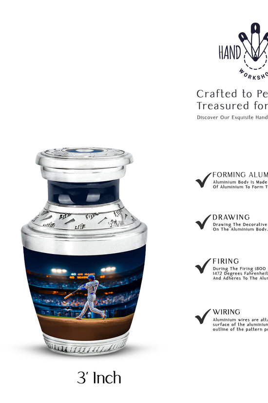 Cobalt Blue Baseball Cremation Urn top-down view of secure threaded lid - stylized abstract baseball pattern with bold lines - mini keepsake memorial for portion of cremation ashes