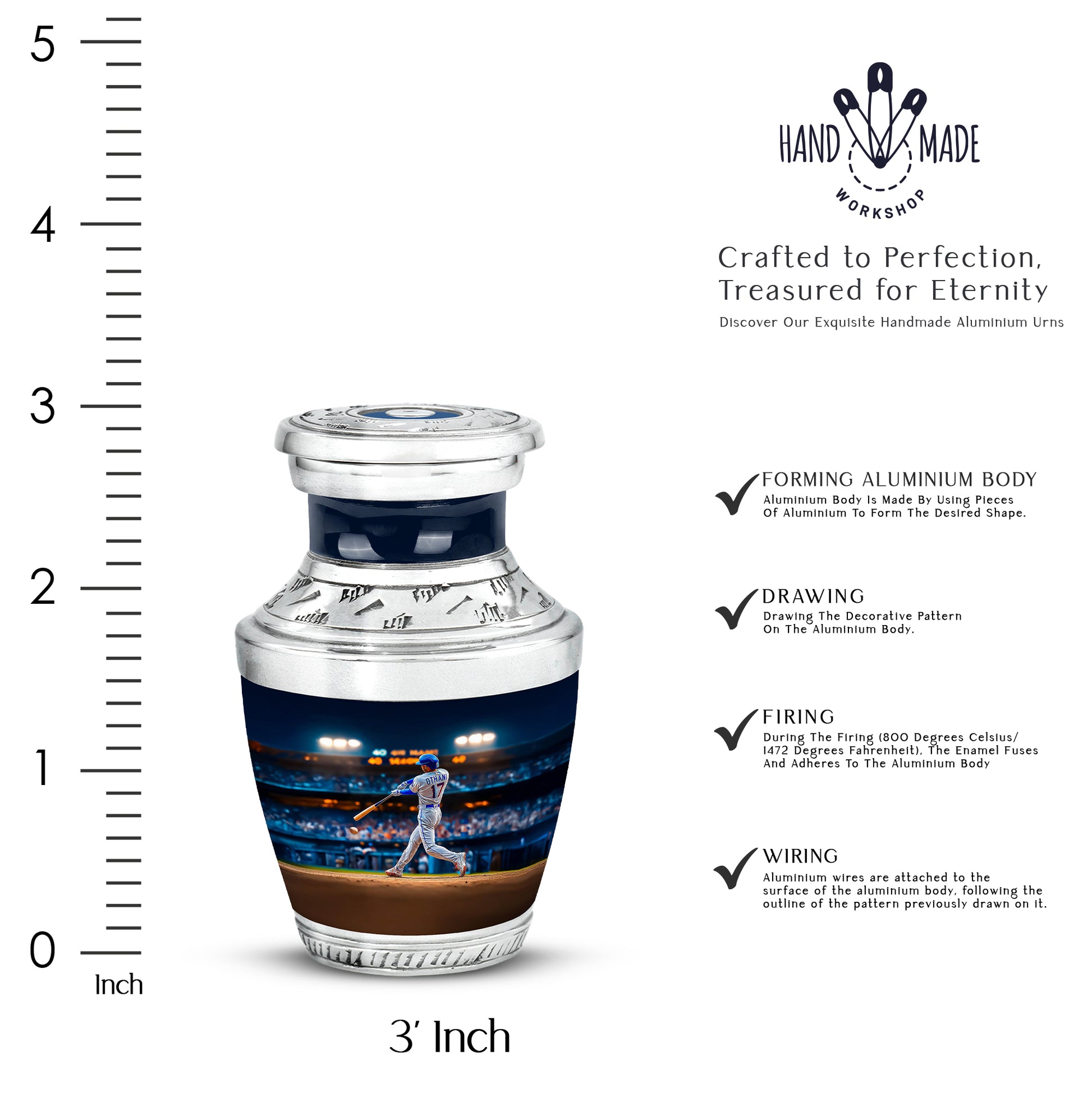Cobalt Blue Baseball Cremation Urn top-down view of secure threaded lid - stylized abstract baseball pattern with bold lines - mini keepsake memorial for portion of cremation ashes