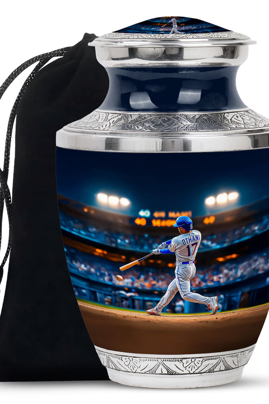 Icy Blue Baseball Cremation Urn side profile showing urn shape - modern art-inspired baseball motif on sleek aluminum - full-size 10 inch 200 cubic inch adult cremation urn