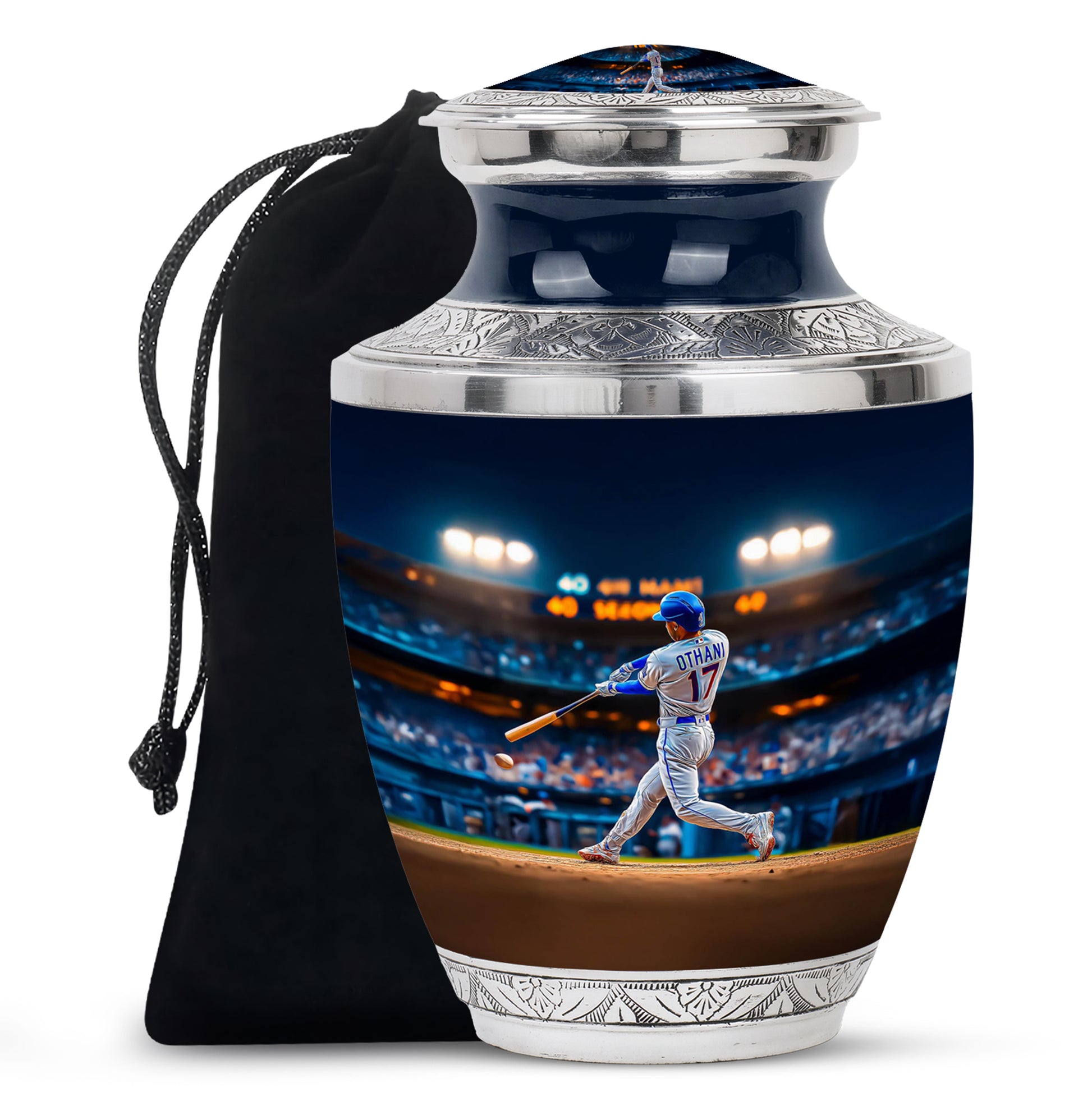 Icy Blue Baseball Cremation Urn side profile showing urn shape - modern art-inspired baseball motif on sleek aluminum - full-size 10 inch 200 cubic inch adult cremation urn