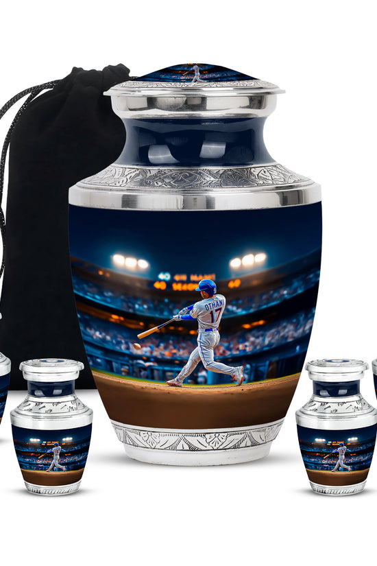 Icy Blue Baseball Cremation Urn lifestyle display on memorial shelf - modern art-inspired baseball motif on sleek aluminum - memorial set with one large and four small urns