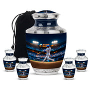 Icy Blue Baseball Cremation Urn lifestyle display on memorial shelf - modern art-inspired baseball motif on sleek aluminum - memorial set with one large and four small urns