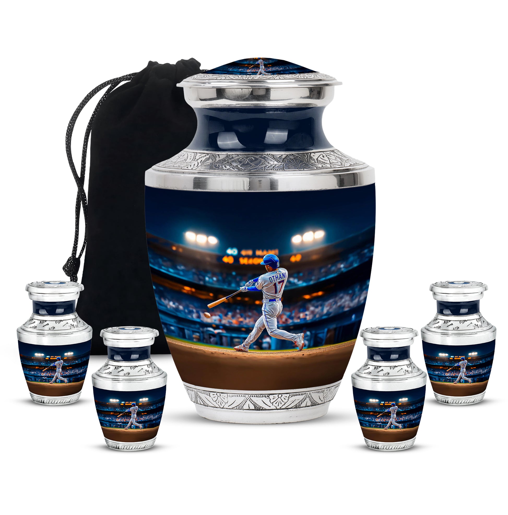 Icy Blue Baseball Cremation Urn lifestyle display on memorial shelf - modern art-inspired baseball motif on sleek aluminum - memorial set with one large and four small urns